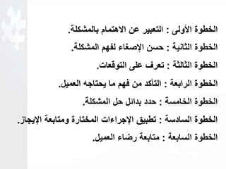 الخطوة الأولى : التعبير عن الاهتمام بالمشكلة. 
الخطوة الثانية : حسن الإصغاء لفهم المشكلة. 
الخطوة الثالثة : تعرف على التوقعات. 
الخطوة الرابعة : التأكد من فهم ما يحتاجه العميل. 
الخطوة الخامسة : حدد بداةل حل المشكلة. 
الخطوة السادسة : تطبيق الإجراءات المختارة ومتابعة الإيجاز. 
الخطوة السابعة : متابعة رضاء العميل. 
 