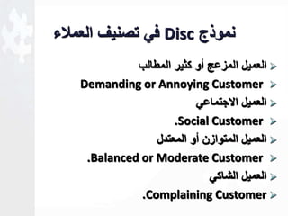 في تصنيف العملاء Disc نموذج 
العميل المزعج أو كثير المطالب  
Demanding or Annoying Customer  
العميل الاجتماعي  
.Social Customer  
العميل المتوازن أو المعتدل  
.Balanced or Moderate Customer  
العميل الشاكي  
.Complaining Customer  
 