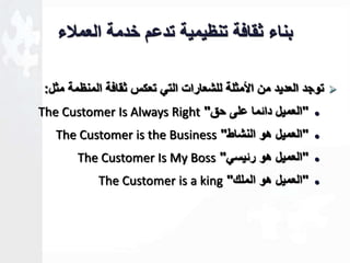 بناء ثقافة تنظيمية تدعم خدمة العملاء 
توجد العديد من الأمثلة للشعارات التي تعكس ثقافة المنظمة مثل:  
The Customer Is Always Right " العميل داةما على حق "  
The Customer is the Business " العميل هو النشاط "  
The Customer Is My Boss " العميل هو رةيسي "  
The Customer is a king " العميل هو الملك "  
 
