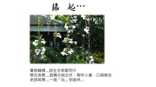 暑期輔導....師生交相累阿!!! 
學生背景….習慣分組合作、製作小書、口頭報告 
老師背景….一路「玩」到退休… 
 