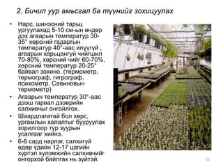 2. Бичил уур амьсгал ба түүнийг зохицуулах 
• Нарс, шинэсний тарьц 
ургуулахад 5-10 см-ын өндөр 
дэх агаарын температур 30- 
35° хөрсний гадаргын 
температур 40°-аас илүүгүй , 
агаарын харьцангуй чийгшил 
70-80%, хөрсний чийг 60-70%, 
хөрсний температур 20-25° 
байвал зохино. (термометр, 
термограф, гигрограф, 
психометр, Савиновын 
термометр) 
• Агаарын температур 30°-аас 
дээш гарвал дээврийн 
салхивчыг онгойлгох. 
• Шаардлагатай бол хөрс, 
ургамлын халалтыг бууруулах 
зорилгоор түр зуурын 
усалгааг хийнэ. 
• 6-8 сард нарлаг, салхигүй 
өдөр үдийн 12-17 цагийн 
хүртэл хүлэмжийн салхивчийг 
онгорхой байлгах нь зүйтэй. 12 
 