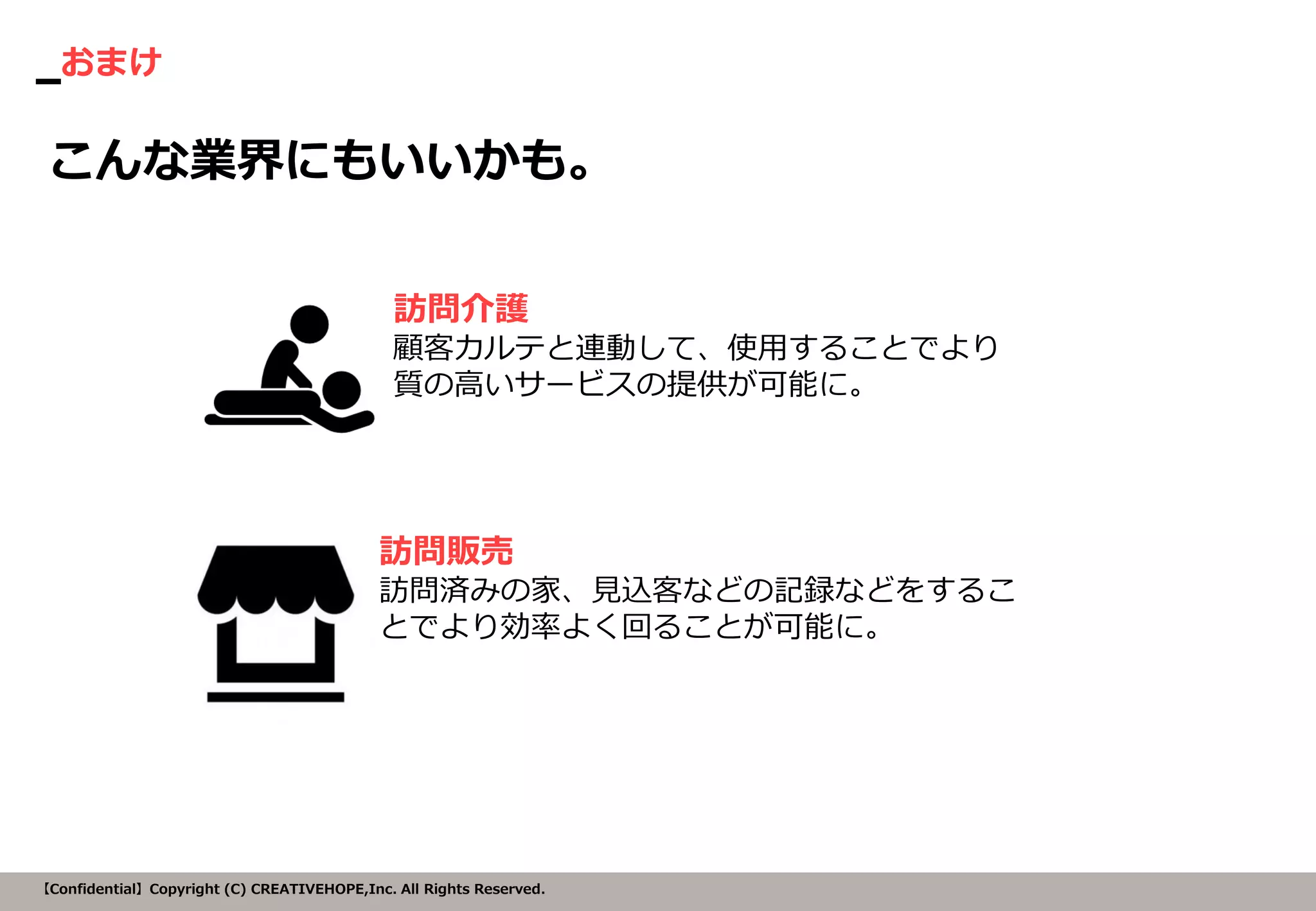 おまけ 
【Confidential】Copyright (C) CREATIVEHOPE,Inc. All Rights Reserved. 
訪問介護 
顧客カルテと連動して、使用することでより 質の高いサービスの提供が可能に。 
訪問販売 
訪問済みの家、見込客などの記録などをするこ とでより効率よく回ることが可能に。 
こんな業界にもいいかも。  