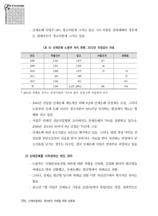 - 산재은폐 사업주 90% 경고처분에 그치고 있고, 119 이송등 중대재해의 경우에 
도 절대다수가 경고처분에 그치고 있음 
<표 4> 산재은폐 노동부 처리 현환. 2013년 국정감사 자료 
년도 적발건수 경고 사법조치 과태료 
2008 2,102 1,875 227 
2009 1,591 1,545 46 
2010 1,908 1,875 23 10 
2011 456 409 47 
2012 1,242 821 421 
계 7,299 6,525 (89%) 296 478 
* 2012년 과태료 건수는 유성기업과 기아차 광주 공장 2개 사업장이 다수 
- 2006년 건설업 산재은폐 제도개선 위해 PQ에 산재은폐 감점제도 도입. 그러나 
노동부의 산재 은폐 처리가 경고처분이 90%이상 차지하는 현실에서 제도는 형 
해화 되고 있음 
- 사업주 단체인 전문건설협회 조사에서도 산재은폐가 70%를 상회하고 있으나, 
2008년- 2013년 06까지 PQ 감점은 79건에 그침 
- 산재은폐 관련 공소시효도 3년으로 해석하고 있음. 그러나, 법령 개정 미비로 건 
강보험 공단으로부터 자료를 받지 못하거나, 자료를 받아 처리하는 과정에서 공 
소시효를 넘기는 경우도 다수임. 결국 산재은폐 사업주 면죄부로 귀결되고 있음 
(3) 산재은폐를 가속화하는 제도 개악 
- 노동부는 산업안전보건법 위반에 대한 처벌을 신속화, 실질화 한다며 벌금형을 
과태료로 대폭 전환했고, 산재은폐도 벌금형에서 과태료로 전환 
- 그러나, 실제로 벌금형 당시와 과태료 전환 이후 처리건수에서 획기적인 차이는 
없음. 
- 2014년 7월 사업주 산재보고 기준을 요양4일에서 휴업3일로 개정. 상대적으로 
106_ 산재보험제도 개선방안 마련을 위한 토론회 
 