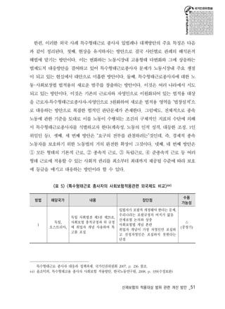 한편, 이러한 외국 사례 특수형태근로 종사자 입법례나 대책방안의 주요 특징은 다음 
과 같이 정리된다. 첫째, 현상을 유지하자는 방안으로 결국 사안별로 판례의 해석론적 
해법에 맡기는 방안이다. 이는 변화하는 노동시장내 고용형태 다변화와 그에 상응하는 
법제도적 대응방안을 결여하고 있어 특수형태근로종사자 문제가 노동시장내 주요 쟁점 
이 되고 있는 현실에서 대안으로 미흡한 방안이다. 둘째, 특수형태근로종사자에 대한 노 
동･사회보장법 법적용의 새로운 범주를 창출하는 방안이다. 이것은 여러 나라에서 시도 
되고 있는 방안이다. 이것은 기존의 근로자와 자영인으로 이원화되어 있는 법적용 대상 
을 근로자-특수형태근로종사자-자영인으로 3원화하여 새로운 법적용 영역을 ‘법창설적’으 
로 대응하는 방안으로 복잡한 법적인 판단문제가 존재한다. 그럼에도, 전체적으로 종속 
노동에 관한 기준을 토대로 이를 노동이 수행되는 조건의 구체적인 지표의 수단에 의해 
서 특수형태근로종사자를 식별하고자 한다(계속성, 노동의 인적 성격, 대등한 조정, 1인 
위임인 등). 셋째, 세 번째 방안은 “요구의 전부를 관철하려는”것인데, 즉, 경제적 종속 
노동자를 보호하기 위한 노동법의 거의 완전한 확장이 그것이다. 넷째, 네 번째 방안은 
① 모든 형태의 기본적 근로, ② 종속적 근로, ③ 독립근로, ④ 준종속적 근로 등 여러 
형태 근로에 적용할 수 있는 사회적 권리를 최소부터 최대까지 제공될 수준에 따라 보호 
에 등급을 매기고 대응하는 방안이라 할 수 있다. 
<표 5> <특수형태근로 종사자의 사회보험적용관련 외국제도 비교>44) 
방법 해당국가 내용 장단점 
수용 
가능성 
산재보험의 적용대상 범위 관련 개선 방안 _51 
1 독일, 
오스트리아, 
독일 사회법전 제3권 제25조, 
사회보험 총칙규정과 위 규정 
에 취업자 개념 사용하여 특 
고를 포섭 
입법자가 포괄적 개정해야 한다는 문제, 
우리나라는 포괄규정의 여지가 없음 
산재보험 논의와 상충 
사회보험법 개념 혼란 
취업자 개념이 가장 자영인만 포섭하 
고 진정자영인은 포섭하지 못한다는 
단점 
△ 
(중장기) 
특수형태근로 종사자 대응과 정책과제, 국가인권위원회 2007, p. 236 참조. 
44) 윤조덕외, 특수형태고용 종사자 사회보험 적용방안, 한국노동연구원, 2008, p. 339(수정보완) 
 