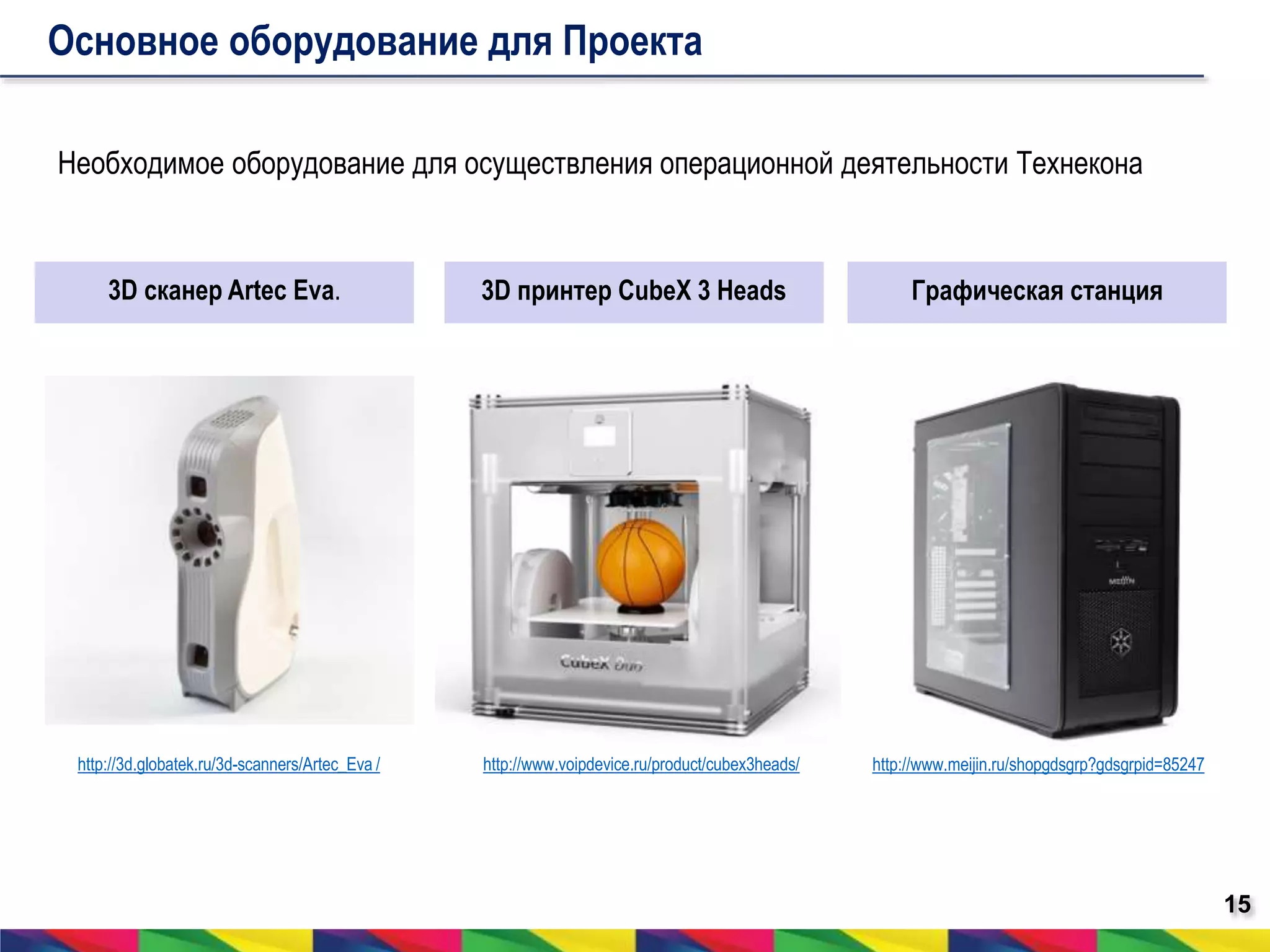 15 
Основное оборудование для Проекта 
Необходимое оборудование для осуществления операционной деятельности Технекона 
3D сканер Artec Eva. 3D принтер CubeX 3 Heads Графическая станция 
http://3d.globatek.ru/3d-scanners/Artec_Eva / http://www.voipdevice.ru/product/cubex3heads/ http://www.meijin.ru/shopgdsgrp?gdsgrpid=85247 
 