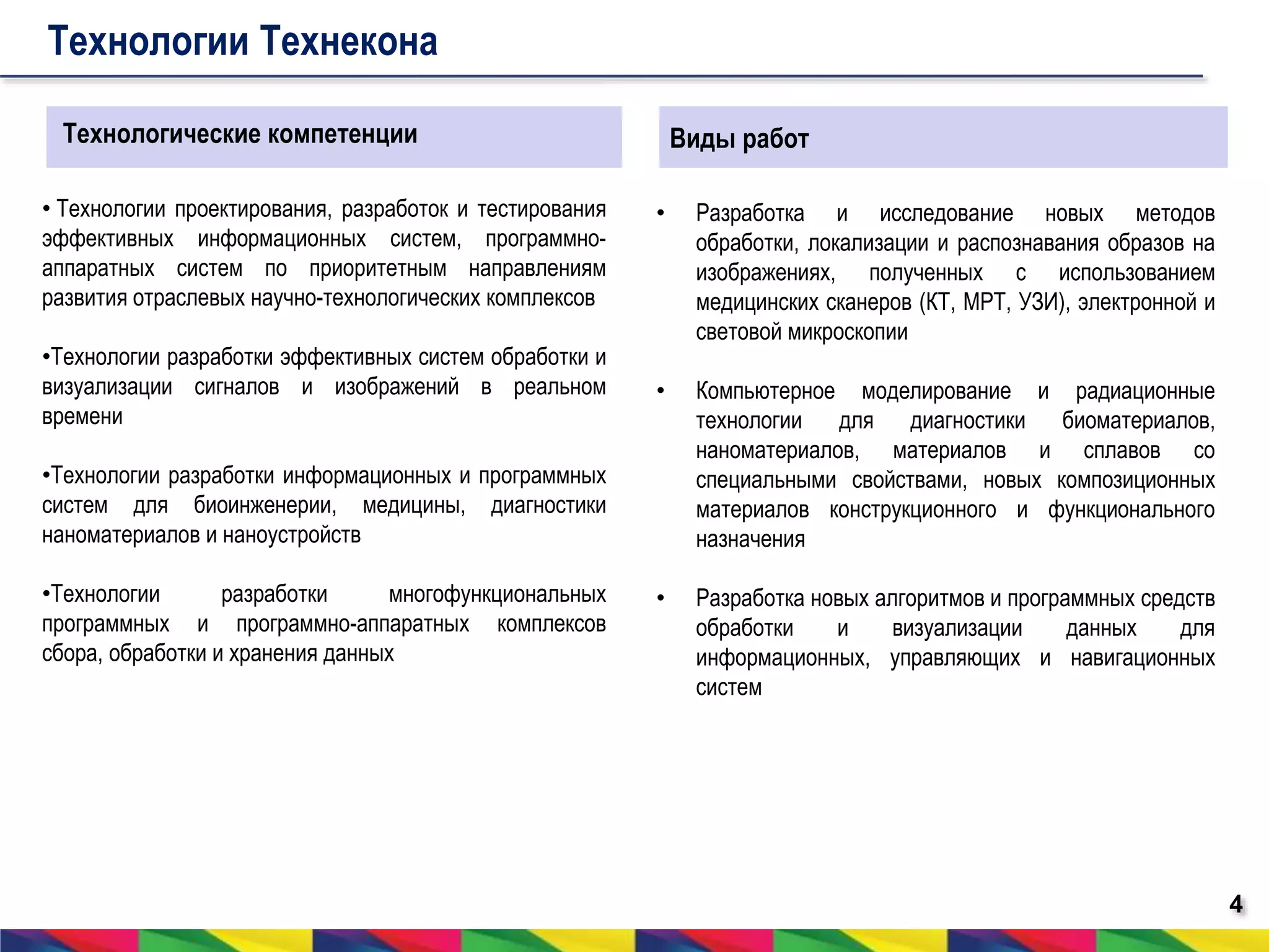 4 
Технологии Технекона 
Технологические компетенции 
• Технологии проектирования, разработок и тестирования 
эффективных информационных систем, программно- 
аппаратных систем по приоритетным направлениям 
развития отраслевых научно-технологических комплексов 
•Технологии разработки эффективных систем обработки и 
визуализации сигналов и изображений в реальном 
времени 
•Технологии разработки информационных и программных 
систем для биоинженерии, медицины, диагностики 
наноматериалов и наноустройств 
•Технологии разработки многофункциональных 
программных и программно-аппаратных комплексов 
сбора, обработки и хранения данных 
Виды работ 
• Разработка и исследование новых методов 
обработки, локализации и распознавания образов на 
изображениях, полученных с использованием 
медицинских сканеров (КТ, МРТ, УЗИ), электронной и 
световой микроскопии 
• Компьютерное моделирование и радиационные 
технологии для диагностики биоматериалов, 
наноматериалов, материалов и сплавов со 
специальными свойствами, новых композиционных 
материалов конструкционного и функционального 
назначения 
• Разработка новых алгоритмов и программных средств 
обработки и визуализации данных для 
информационных, управляющих и навигационных 
систем 
 