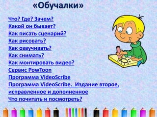 «Обучалки» 
Что? Где? Зачем? 
Какой он бывает? 
Как писать сценарий? 
Как рисовать? 
Как озвучивать? 
Как снимать? 
Как монтировать видео? 
Сервис PowToon 
Программа VideoScribe 
Программа VideoScribe. Издание второе, 
исправленное и дополненное 
Что почитать и посмотреть? 
 