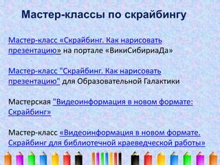 Мастер-классы по скрайбингу 
Мастер-класс «Скрайбинг. Как нарисовать 
презентацию» на портале «ВикиСибириаДа» 
Мастер-класс "Скрайбинг. Как нарисовать 
презентацию" для Образовательной Галактики 
Мастерская "Видеоинформация в новом формате: 
Скрайбинг» 
Мастер-класс «Видеоинформация в новом формате. 
Скрайбинг для библиотечной краеведческой работы» 
 