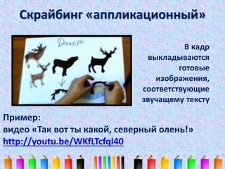 Скрайбинг «аппликационный» 
В кадр 
выкладываются 
готовые 
изображения, 
соответствующие 
звучащему тексту 
Пример: 
видео «Так вот ты какой, северный олень!» 
http://youtu.be/WKfLTcfql40 
 
