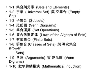 • 1-1 集合與元素 (Sets and Elements) 
• 1-2 宇集 (Universal Set) 與 空集合 (Empty 
Set) 
• 1-3 子集合 (Subsets) 
• 1-4 范氐圖 (Venn Diagrams) 
• 1-5 集合運算 (Set Operations) 
• 1-6 集合代數定律 (Laws of the Algebra of Sets) 
• 1-7 有限集合 (Finite Sets) 
• 1-8 群集合(Classes of Sets) 與 冪次集合 
(Power 
Sets) 
• 1-9 含意 (Arguments) 與 范氐圖 (Venn 
Digrams) 
• 1-10 數學歸納推演 (Mathematical Induction) 
• 1-11 習題 
 