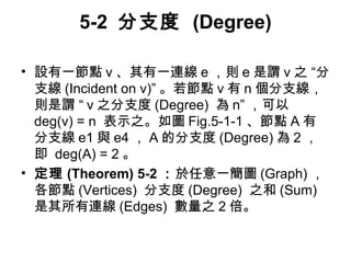5-2 分支度 (Degree) 
• 設有一節點v、其有一連線e，則e是謂v之 “分 
支線(Incident on v)” 。若節點v有n個分支線， 
則是謂 “ v之分支度(Degree) 為n”，可以 
deg(v) = n 表示之。如圖Fig.5-1-1、節點A有 
分支線e1與e4，A的分支度(Degree)為2， 
即 deg(A) = 2。 
• 定理(Theorem) 5-2 ：於任意一簡圖(Graph)， 
各節點(Vertices) 分支度(Degree) 之和(Sum) 
是其所有連線(Edges) 數量之2倍。 
 