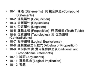 • 10-1 陳述(Statements) 與 複合陳述(Compound 
Statements) 
• 10-2 連接屬性(Conjunction) 
• 10-3 分離屬性(Disjunction) 
• 10-4 否定屬性(Negation) 
• 10-5 邏輯主張(Proposition) 與 真值表(Truth Table) 
• 10-6 恆真邏輯(Tautologies) 與 恆偽邏輯 
(Contradictions) 
• 10-7 相等邏輯(Logical Equivalence) 
• 10-8 邏輯主張之代數式(Algebra of Proposition) 
• 10-9 單向條件 與 雙向條件陳述(Conditional and 
Biconditional Statements) 
• 10-10 論証(Arguments) 
• 10-11 邏輯意向(Logical Implication) 
• 10-12 習題 
 