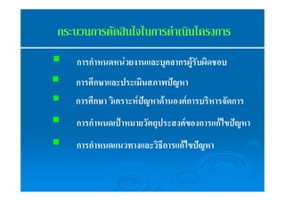 กระบวนการตัดสินใจในการดำเนินโครงการ 
ƒ การกำหนดหน่วยงานและบุคลากรผู้รับผิดชอบ 
ƒ การศึกษาและประเมินสภาพปัญหา 
ƒ การศึกษา วิเคราะห์ปัญหาด้านองค์การบริหารจัดการ 
ƒ การกำหนดเป้าหมายวัตถุประสงค์ของการแก้ไขปัญหา 
ƒ การกำหนดแนวทางและวิธีการแก้ไขปัญหา 
 