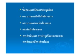 • ขั้นตอนการจัดการขยะมูลฝอย 
• กระบวนการตัดสินใจโครงการ 
• กระบวนการดำเนินโครงการ 
• การดำเนินโครงการ 
• การดำเนินการ การบำรุงรักษาระบบ และ 
การกำหนดอัตราค่าบริการ 
 