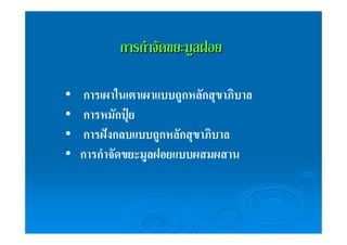 กกาารกกํำาจจััดขยยะะมมููลฝอย 
• การเผาในเตาเผาแบบถูกหลักสุขาภิบาล 
• การหมักปุ๋ย 
• การฝังกลบแบบถูกหลักสุขาภิบาล 
• การกำจัดขยะมูลฝอยแบบผสมผสาน 
 