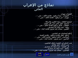 نماذ ج من العراب 
المثنى 
الضوءان  مبهران  . 
• الضوءان  : مبتدأ مرفوع ، علمته اللف – مثنى – . 
• مبهران  : خيبر مرفوع ، علمته اللف – مثنى – . 
استمتع الطفلن  برؤية الظبيين والزرافة . 
• استمتع : فعل ماضٍ  مبنى على الفتح . 
• الطفلن  : فاعل مرفوع علمته اللف – مثنى – . 
• برؤية : شبه جملة جار ومجرور . 
• الظبيين : مضاف إليه مجرور علمته الياء – مثنى – . 
يُ فدافع المحاميان  عن الجانبين . 
• يدافع : فعل مضارع مرفوع ، علمته الضمة . 
• المحاميان  : فاعل مرفوع ، علمته اللف – مثنى – . 
• الجانبين : اسم مجرور ، علمته الياء – مثنى – . 
صدر الحكم في القضية باتفاق القاضيين . 
• صدر الحكم : فعل وفاعل . 
• في القضية : شبه جملة جار ومجرور . 
• باتفاق : شبه جملة جار ومجرور . 
• القاضيين : مضاف إليه مجرور ، علمته الياء – مثنى – . 
القائمة 
السابق الرئيسة 
فهرس نماذ ج من العراب 
 