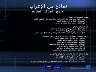 نماذ ج من العراب 
جمع المذكر السالم 
صعدت المضيفاتُ ف إلى الطائرة 
• صعد : فعل ماض مبني على الفتح، التاء حررف مبني على السكون  للتأنيث 
• المضيفاتُ ف : فاعل مرفوع ، علمته الضمة 
• إلى الطائرة : شبه جملة متعلقة ب ( صعد ) 
• 
ظلت الطبيباتُ ف مناوباتٍ  
• ظل : فعل ماض مبني على الفتح، التاء تاء التأنيث 
• الطبيباتُ ف : إسم ظل مرفوع علمته الضمة 
• مناوباتٍ  : خيبر ظل منصوب ، علمته تنوين الكسر، لنه جمع مؤنث سالم 
تساهم المحطات الفضائية ، والشبكات الرضية في نقلِ المعلومات 
• تساهم : فعل مضارع مرفوع علمته الضمة 
• المحطات : فاعل مرفوع علمته الضمة 
• الفضائية : صفة لمرفوع ، علمتها الضمة 
• الشبكات : إسم معطوف على مرفوع علمته الضمة 
• الرضية : صفة لمرفوع علمتها الضمة 
• في نقل : شبه جملة متعلقة بـِ ( تساهم ) 
• المعلومات : مضاف إليه مجرور علمته الكسرة 
• 
تزود المكتبات بالصحف والمجلت والدوريات والحوْلياتِ 
• تزود : فعل مضارع مرفوع ، مجهول فاعله 
• المكتبات : نائب فاعل مرفوع ، علمته الضمة 
• بالصحف : جار ومجرور 
• المجلت ، الدوريات ، الحوليات : أسماء معطوفة على مجرور علمتها الكسرة 
القائمة 
السابق الرئيسة 
فهرس نماذ ج من العراب 
 