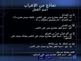 نماذج من العرراب 
اسم الفعل 
آه من الصداع 
• آه : اسم فعل مضارع مبني عرلى الكسر ، فاعرله مستتر تقديره أنا . 
• من الصداع : جار ومجرور متعلقان بـآ آه . 
أُ صفٍّ  من الكسلِ  
• أفٍ  : اسم فعل مضارع مبني عرلى الكسر . 
أخً  من أَ لَ مِ  السِّمنِ  حَ سِّم من الفراقِ  
• أخِ  ، حسِّم : اسما فعل مضارع مبنيان عرلى الكسر مضاف مبنيان عرلى 
القائمة 
السابق الرئيسة 
السكوصن . 
وَ يْ  من كسلك وا من نجاحك 
• وا ، وي : اسما فعل مضارع مبنيان عرلى الكسر . 
اهتم بنفسك ثةم بجل 
• بجل : اسم فعل مضارع مبني عرلى السكوصن . 
فهرس نماذج من العرراب 
 