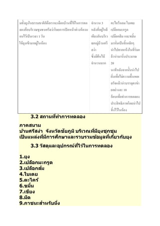 มทั้งยุงในธรรมชาติก็คือเราจะเลือกบ้านที่ใช้ในการทด 
ลองคือบริเวณชุมชนศรีสง่าโดยการเปิดหน้าต่างห้องน 
อนไว้เป็นเวลา 1 วัน 
ให้ยุงเข้ามาอยู่ในห้อง 
จานวน 3 
หลังที่อยู่ใกล้ 
เคียงกันบริเว 
ณหมู่บ้านศรี 
สง่า 
ซึ่งมีต้นไม้ 
จานวนมาก 
ตะไคร้หอม ใบเตย 
เปลือกมะกรูด 
เปลือกส้ม และขมนิ้ 
มาหั่นเป็นชิ้นเล็กๆ 
นาไปตากแห้งในที่ร่มแ 
ล้วนามานึ่งประมาณ 
20 
นาทีหลังจากน้นันาไป 
ผึ่งเพื่อไล่ความชื้นพอเ 
สร็จแล้วนาบรรจุตาข่า 
ยอย่างละ 10 
ก้อนเพื่อทาการทดลอง 
ประสิทธิภาพโดยนาไป 
ทิ้งไว้ในห้อง 
3.2 สถานทที่า การทดลอง 
ภาคสนาม 
บา้นศรสีง่า จงัหวดัชยัภูมิบรเิวณทมี่ยีุงชุกชุม 
เป็นแหลง่ทมี่กีารศกึษาและรวบรวมขอ้มูลทเี่กยี่วกบัยุง 
3.3 วสัดุและอุปกรณ์ทไี่วใ้นการทดลอง 
1.ยุง 
2.เปลอืกมะกรูด 
3.เปลอืกสม้ 
4.ใบเตย 
5.ตะไคร้ 
6.ขมนิ้ 
7.เขยีง 
8.มดี 
9.ภาชนะสา หรบันงึ่ 
 
