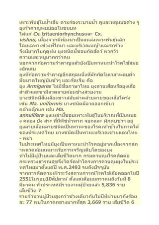 เพาะพนัธุใ์นนา้เสยี ตามร่องระบายนา้ คูและหลุมบอ่ต่าง ๆ 
ยุงราคาญพบบอ่ยในชนบท 
ไดแ้ก่Cx. tritaeniorhynchusและ Cx. 
vishnu, เนอื่งจากมทีอ้งนาเป็นแหลง่เพาะพนัธุห์ลกั 
โดยเฉพาะช่วงทไี่ถนา และบรเิวณหญา้แฉะรกรา้ง 
จงึมมีากในฤดูฝน ยุงชนดินชี้อบกดัสตัว ์พวกววั 
ควายและหมูมากกว่าคน 
นอกจากกอ่ความราคาญแลว้ยงัเป็นพาหนะนาโรคไขส้มอ 
งอกัเสบ 
ยุงทกี่อ่ความราคาญอกีสกุลหนงึ่ทมี่กักดัในเวลาพลบค่า 
มขีนาดใหญ่บนิชา้ๆ และกดัเจ็บ คอื 
ยุง Armigeres ไม่มชีอื่ภาษาไทย ยุงลายเสอืหรอืยุงเสอื 
ลา ตวัและขามลีวดลายค่อนขา้งสวยงาม 
บางชนดิมสีเีหลอืงขาวสลบัดาคลา้ยลายของเสอืโคร่ง 
เช่น Ma. uniformis บางชนดิมลีายออกเขยีว 
คลา้ยตุ๊กแก เช่น Ma. 
annulifera ยุงเหลา่นชี้อบเพาะพนัธุใ์นบรเิวณทเี่ป็นหนอ 
ง คลอง บงึ สระ ทมี่พีชืนา้พวก จอกและ ผกัตบชวา อยู่ 
ยุงลายเสอืหลายชนดิเป็นพาหะของโรคเทา้ชา้งในภาคใต้ 
ของประเทศไทย บางชนดิเป็นพาหะบรเิวณชายแดนไทย 
- พม่า 
ในประเทศไทยมยีุงเป็นพาหนะนาโรคอยู่มากเนอื่งจากสภ 
าพแวดลอ้มเหมาะกบัการเจรญิเตบิโตของยุง 
ทา ใหม้ผีูป้่วยและเสยีชวีติมาก กรมควบคุมโรคตดิต่อ 
กระทรวงธารณสุขจงึไดจดัทา โครงการควบคุมยุงในประเ 
ทศไทยมาตงั้แต่ปี พ.ศ.2493 จนถงึปัจจุบนั 
จากการตดิตามเฝ้าระวงัสถานการณ์โรคไขเ้ลอืดออกในปี 
2551ในรอบ10สปัดาห ์ตงั้แต่เดอืนมกราคมถงึวนัที่8 
มนีาคม ทวั่ประเทศมรีายงานผูป้่วยแลว้ 5,836 ราย 
เสยีชวีติ 7 
รายจานวนผูป้่วยสูงกว่าช่วงเดยีวกนัในปีทผี่่านมาถงึรอ้ย 
ละ 77 พบในภาคกลางมากทสีุ่ด 3,669 ราย เสยีชวีติ 6 
 