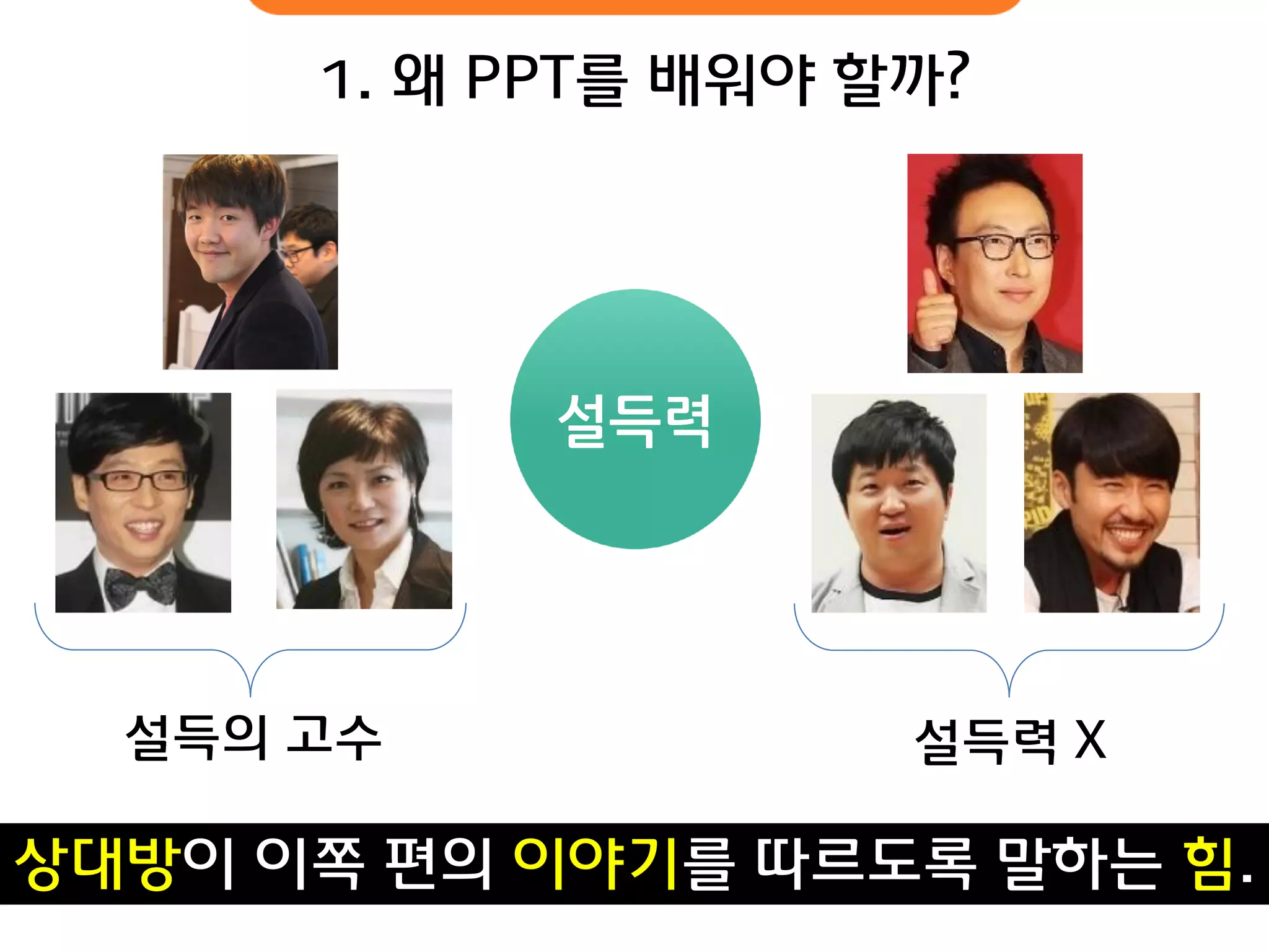 설득력 
1. 왜 PPT를 배워야 핛까? 
상대방이 이쪽 편의 이야기를 따르도록 말하는 힘. 
설득의 고수 
설득력 X  