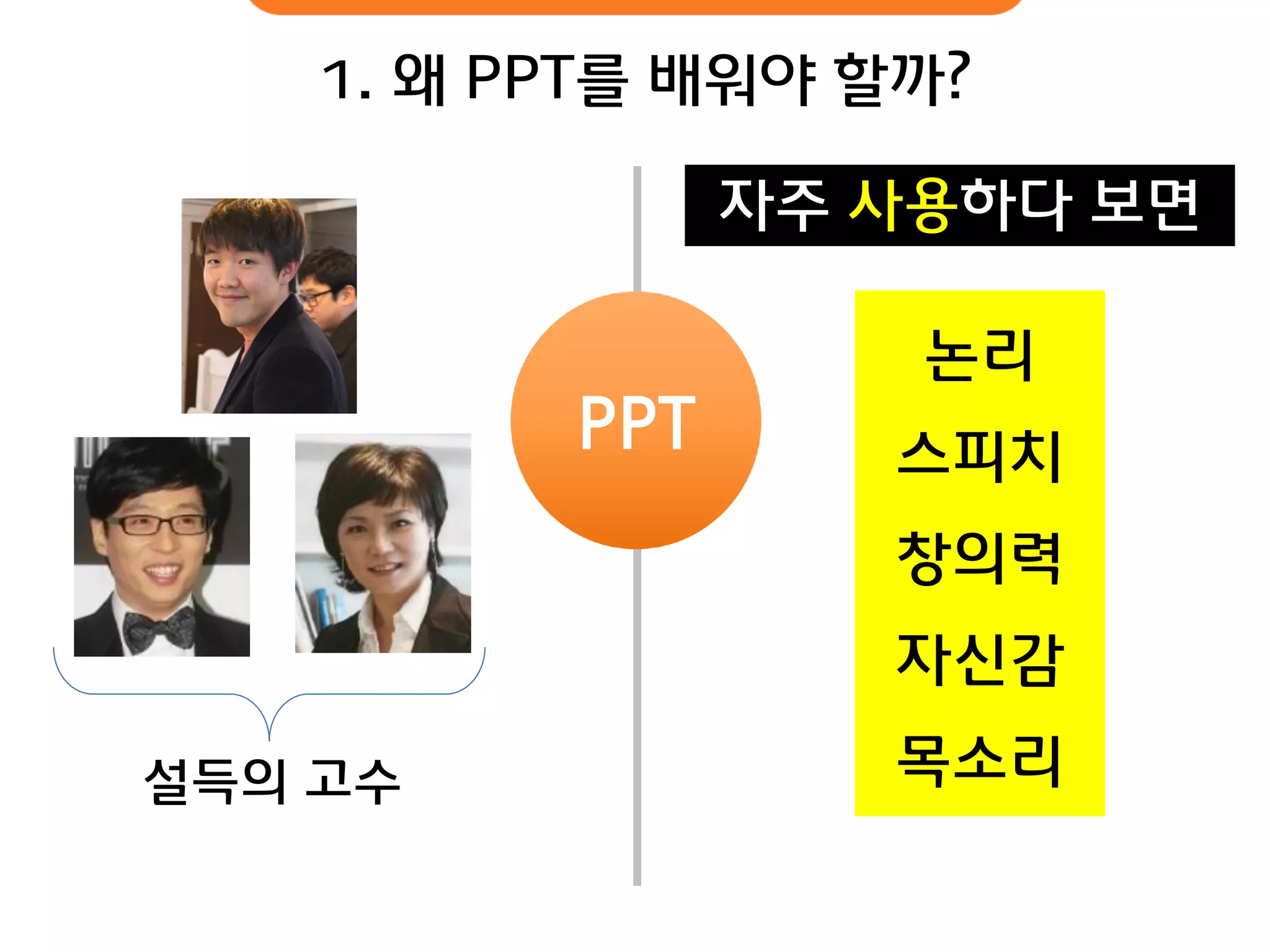 1. 왜 PPT를 배워야 핛까? 
PPT 
자주 사용하다 보면 
설득의 고수 
논리 스피치창의력 자신감 목소리  