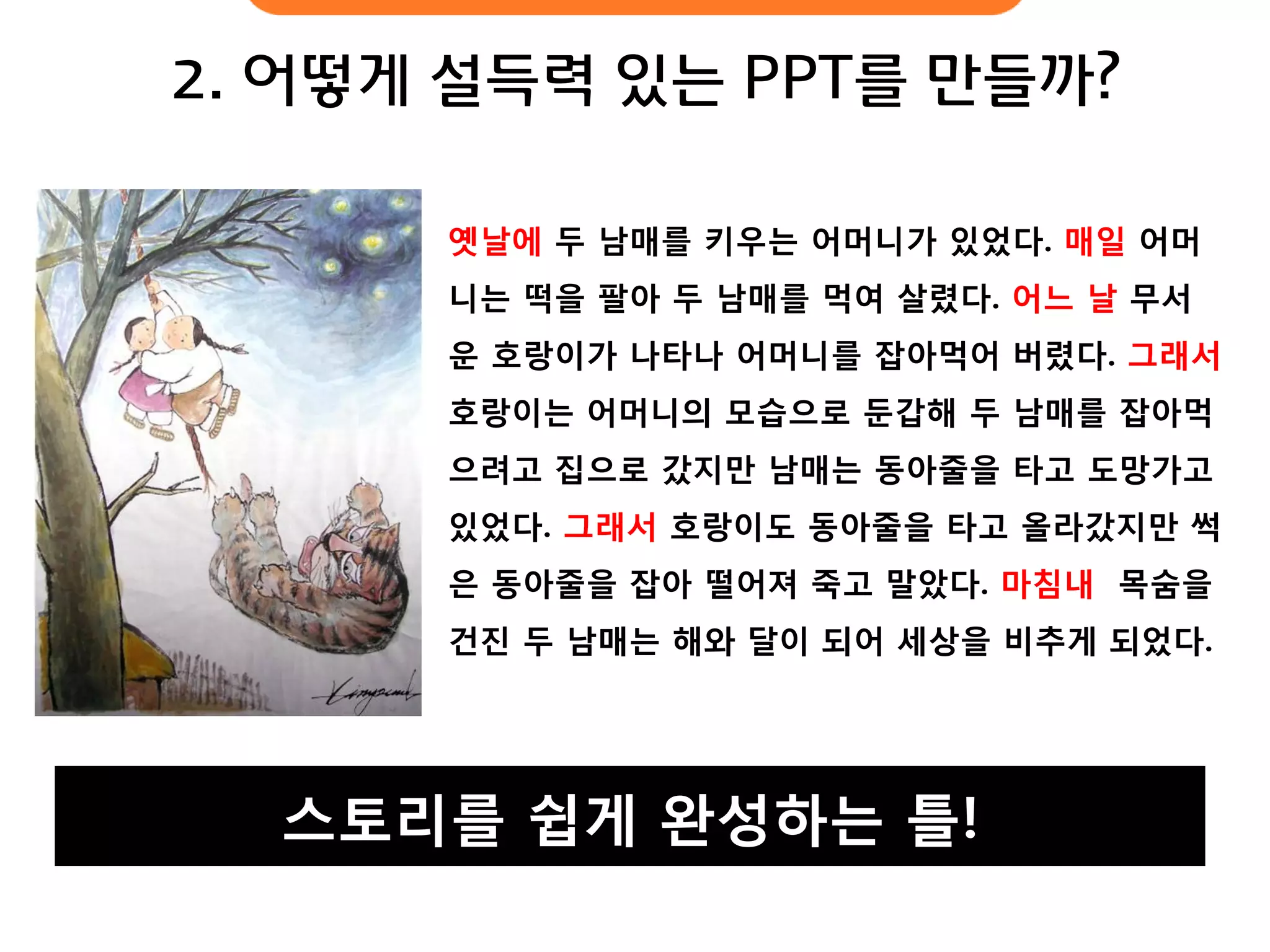 2. 어떻게 설득력 있는 PPT를 만들까? 
옛날에 두 남매를 키우는 어머니가 있었다. 매일 어머니는 떡을 팔아 두 남매를 먹여 살렸다. 어느 날 무서운 호랑이가 나타나 어머니를 잡아먹어 버렸다. 그래서 호랑이는 어머니의 모습으로 둔갑해 두 남매를 잡아먹으려고 집으로 갔지만 남매는 동아줄을 타고 도망가고 있었다. 그래서 호랑이도 동아줄을 타고 올라갔지만 썩은 동아줄을 잡아 떨어져 죽고 말았다. 마침내 목숨을 건진 두 남매는 해와 달이 되어 세상을 비추게 되었다. 
스토리를 쉽게 완성하는 틀!  