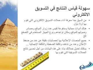 سهولة قياس النتائج في التسويق 
الالكتروني 
• من السهل جدا معرفة أداء حملات التسويق الالكتروني التي تقوم 
بها أولا بأول 
• هناك أدوات مجانية ومدفوعة تقيس عدد زوار الموقع ومصادر 
وصولهم للموقع ومكان تواجدهم ونوع الجهاز المستخدم في التصفح 
إلخ 
• جميع المنصات الإعلانية بها إحصائيات دقيقة عن عدد من ضغط 
الإعلان وعدد من شاهده وتكلفة الضغطة والتكلفة الإجمالية ... 
• يمكنك تعديل حملاتك بناءً على هذه البيانات من أجل تحسين نتائج 
الحملات التسويقية التي تقوم بها 
 