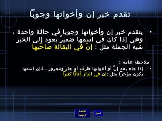 تقدم خربر إن وأخرواتها وجوبا 
• يتقدم خربر إن وأخرواتها وجوبا في حالة واحدة  ، 
وهي إذاا كان في اسممها ضميرٌ يعود إلى الخبر 
شتبه الجملة مثل : إنّ. في البقالة صلاحَبها 
ملحظة هامة : 
• إذاا جاء بعد إنَّ أو أخرواتها ظرف أو جار ومجرور ، فإن اسممها 
يكون مؤخررا مثل :إن في الدار أثياثيا كثيرا 
القائمة 
السابق الرئيسة 
 