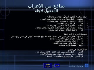 نماذج من العرراب 
المفعوصل لجله 
قَ وصْ لِ هِ  تَ عالى  يُ صنْ فقوصنَ  أموصالَ هُ صم ابتِ غاءَ  مَ رْ ضاةِ  اللهِ   
• ينفقوصن : فعل مضارع مرفوصع , عرلمته ثةبوصت النوصن . 
• أموصال : مفعوصل به منصوصب , وهوص مضاف . 
• هم : في محل جر بالضافة. 
• ابتغاء : مفعوصل لجله منصوصب , وهوص مضاف . 
• مرضاة : مضاف إليه مجرور عرلمته الكسرة , وهوص مضاف . 
• الله : لفظ الجللة , مضاف إليه مجرور . 
سجدوا لِ كسرى إذ بَ دى إجلل 
• سجدوا : فعل ماض مبني عرلى الضم , لتصاله بوصاو الجماعرة , وهي في محل رفع فاعرل . 
• لكسرى : جار ومجرور متعلقان بـآ سجدوا . 
• إذ : حرف مبني عرلى السكوصن . 
• بدا : فعل ماض مبني عرلى الفتح . 
• إجلل : مفعوصل لجله منصوصب . 
هاجَ رَ  للرغبةِ  في الغِ نى 
• هاجر : فعل ماض مبني عرلى الفتح , فاعرله مستتر فيه . 
• للرغبة : جار ومجرور في محل نصب مفعوصل لجله . 
• في الغنى : جار ومجرور متعلقان بـآ  الرغبة  
القائمة 
السابق الرئيسة 
فهرس نماذج من العرراب 
 