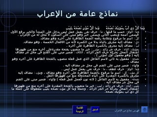 نماذج عرامة من العرراب 
وَ مَ ا كُ صلُّ ذِ ي لُ صبِّم بِ مُ صؤتِ يْ كَ  نُ صصْ حَ هُ ص وَ ما كُ صلُّ مُ صؤْ تٍ  نُ صصْ حَ هُ ص بِ لَ بِ يْ بِ  
• وما : الوصاو : حسب ما قبلها ، ما : حرف نفى يعمل عرمل ليس يدخل عرلى المبتدأ والختبر يرفع الول 
فيسمى اسمه وينصب الثاني ويسمى خبر وهوص مبني عرلى السكوصن ل محل له من العرراب . 
• كلُّ : اسم ما مرفوصع وعرلمة رفعه الضمة الظاهرة عرلى آخره وهوص مضاف. 
• ذي : مضاف إليه مجرور بالياء بدل من الكسره لنه من الفعال الختمسة ، وهوص مضاف. 
• لبِّم : مضاف إليه مجرور بالكسرة الظاهرة عرلى آخره . 
• بمؤتيك : الباء : حرف جر زائد ، مؤتى : خبر ما منصوصب بفتحة مقدرةعرلى آخره منع من ظهوصرها 
اشتغال المحل بحركة حرف الجر الزائد . الكاف : ضمير مبني عرلى الفتح في محل جر مضاف 
إليه ( وهوص مفعوصل أول لمؤتى ) . 
• نصحه : مفعوصل به ثةاني لسم الفاعرل الذي عرمل فعله منصوصب بالفتحة الظاهرة عرلى آخره وهوص 
القائمة 
السابق الرئيسة 
مضاف ، 
• والهاء : ضمير مبني عرلى الضم في محل جر مضاف اليه . 
• وما : الوصاو : حرف عرطف ، ما : حرف نفي يعمل عرمل ليس . 
• كل مؤت : كل : اسم ما مرفوصع بالضمة الظاهرة عرلى آخره وهوص مضاف ، ومؤت : مضاف إليه 
مجرور بالكسرة المقدرة عرلى الياء المحذوفة منع من ظهوصرها الثقل . 
• نصحه : مفعوصل به لسم الفاعرل ( لنه نوصن فعمل عرمل فعله ) والهاء : ضمير مبني عرلى الضم 
في محل جر مضاف اليه . 
• بلبيبِ  : الباء : حرف جر زائد ، لبيبِ  : خبر ما منصوصب بالفتحة المقدرة عرلى آخره منع من ظهوصرها 
اشتغال المحل بحركة حر الجر الزائد . وجملة وما كل مؤت نصحه بلبيب معطوصفة عرلى جملة ما 
كل ذي لب بمؤتيك نصحه. 
فهرس نماذج من العرراب 
 