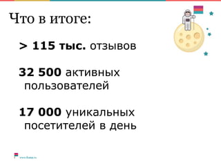 Что в итоге:
> 115 тыс. отзывов
32 500 активных
пользователей
17 000 уникальных
посетителей в день
