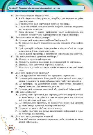 100 
Розділ 2. Апаратне забезпечення інформаційної системи 
15) Яке призначення відеопам’яті? 
А. У ній зберігають інформацію, потрібну для керування робо- 
тою монітора. 
Б. Її призначено для керування роботою монітора. 
В. Після вимкнення живлення вона зберігає останнє зображен- 
ня, виведене на екран. 
Г. Вона зберігає у формі двійкового коду зображення, що 
в певний 
момент часу відтворюється на екрані монітора. 
16) Яке призначення відеоадаптера? 
А. Це пристрій виведення графічної інформації. 
Б. За допомогою цього апаратного засобу виводять аудіоінфор- 
мацію. 
В. Цей пристрій вибирає інформацію з відеопам’яті та керує 
виведенням її на екран монітора. 
Г. Керує діями процесора з виведення інформації на монітор. 
17) Що таке роздільна здатність монітора? 
А. Кількість рядків зображення. 
Б. Кількість пікселів на екрані по горизонталі та вертикалі. 
В. Відстань між центрами окремих пікселів. 
Г. Кількість відтінків кольорів, що їх виводять на екрані моні- 
тора. 
18) Для чого призначено принтер? 
А. Для друкування текстової або графічної інформації. 
Б. Це пристрій виведення інформації, призначений для друку- 
вання складних та широкоформатних графічних об’єктів. 
В. Це пристрій, за допомогою якого комп’ютери локальної 
мережі можуть обмінюватися даними. 
Г. Це пристрій уведення текстової або графічної інформації. 
19) Що таке драйвери? 
А. Це спеціальні програми, що перекладають стандартні команди 
комп’ютера для роботи з певним пристроєм на команди, 
які розуміє саме цей пристрій. 
Б. Це спеціальний пристрій, за допомогою якого під’єднують 
до комп’ютера принтер, сканер або плотер. 
В. Це порт, до якого під’єднують принтер. 
Г. Це набір програм, що керує виведенням інформації з екра- 
на монітора на принтер. 
20) Для чого використовують модеми? 
А. Для під’єднання до комп’ютера пристроїв уведення та виве- 
дення інформації. 
 