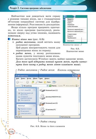 114 
Розділ 3. Системне програмне забезпечення 
Найчастіше вам доведеться мати справу 
з різними типами вікон, що є стандартними 
об’єктами операційної системи для відобра- 
ження інформації. Розгляньмо їх докладніше. 
Якщо кілька програм працюють одночас- 
но, то вікно програми (застосунку), розта- 
шоване зверху над усіма іншими, називають 
поточним. 
Кожне вікно має (рис. 6.9): 
· рядок заголовка, який містить назву 
запущеної програми. 
Цей рядок використовують також для 
переміщення вікна по екрану; 
· рядок меню, у якому розташовано 
назви пунктів текстового меню вікна. 
Багато застосунків Windows мають майже однакове меню. 
Для того щоб відкрити певний пункт меню, треба натис- 
нути його назву в рядку меню лівою клавішею миші; 
Рис. 6.8. 
Контекстне меню 
Рис. 6.9. Вікно та його елементи 
 