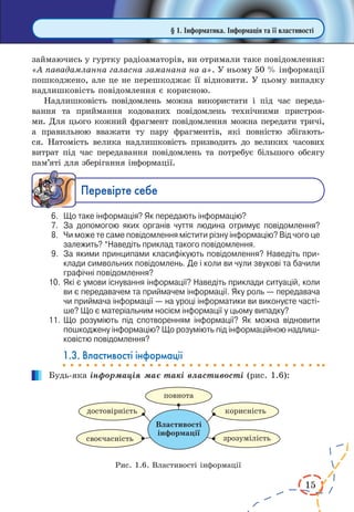 15 
займаючись у гуртку радіоаматорів, ви отримали таке повідомлення: 
«А павадамланна галасна заманана на а». У ньому 50 % інформації 
пошкоджено, але це не перешкоджає її відновити. У цьому випадку 
надлишковість повідомлення є корисною. 
Надлишковість повідомлень можна використати і під час переда- 
вання та приймання кодованих повідомлень технічними пристроя- 
ми. Для цього кожний фрагмент повідомлення можна передати тричі, 
а правильною вважати ту пару фрагментів, які повністю збігають- 
ся. Натомість велика надлишковість призводить до великих часових 
витрат під час передавання повідомлень та потребує більшого обсягу 
пам’яті для зберігання інформації. 
Ïåðåâ³ðте ñåáå 
6. Що таке інформація? Як передають інформацію? 
7. За допомогою яких органів чуття людина отримує повідомлення? 
8. Чи може те саме повідомлення містити різну інформацію? Від чого це 
залежить? *Наведіть приклад такого повідомлення. 
9. За якими принципами класифікують повідомлення? Наведіть приклади 
символьних повідомлень. Де і коли ви чули звукові та бачили 
графічні повідомлення? 
10. Які є умови існування інформації? Наведіть приклади ситуацій, коли 
ви є передавачем та приймачем інформації. Яку роль — передавача 
чи приймача інформації — на уроці інформатики ви виконуєте частіше? 
Що є матеріальним носієм інформації у цьому випадку? 
11. Що розуміють під спотворенням інформації? Як можна відновити 
пошкоджену інформацію? Що розуміють під інформаційною надлишковістю 
повідомлення? 
1.3. Властивості інформації 
Будь-яка інформація має такі властивості (рис. 1.6): 
Рис. 1.6. Властивості інформації 
§ 1. Інформатика. Інформація та її властивості 
 