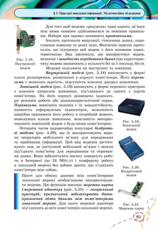 95 
§ 5. Пристрої виведення інформації. Мультимедійне обладнання 
Для того щоб модеми «розуміли» один одного, зв’язок 
між ними повинен здійснюватися за певними правила- 
ми. Набори цих правил називають протоколами. 
Існують протоколи модуляції, стискання даних, кори- 
гування помилок та деякі інші. Фактично перелік прото- 
колів, що підтримує цей модем, є його основною харак- 
теристикою. Вид протоколу, що використовує модем, 
визначає і швидкість передавання даних (цю характерис- 
тику модема визначають у кількості біт за 1 секунду, біт/с). 
Модеми поділяють на внутрішні та зовнішні. 
Внутрішній модем (рис. 5.18) виконують у формі 
плати розширення, розміщеної в корпусі комп’ютера. Його перева- 
гами є невисока вартість, відсутність власних джерел живлення. 
Зовнішній модем (рис. 5.19) виконують у формі окремого пристрою 
з власним джерелом живлення, під’єднаного до одного з портів 
комп’ютера. На його корпусі розміщено індикато- 
ри режимів роботи або рідиннокристалічний екран. 
Перевагами зовнішніх модемів є їх завадостійкість, 
наявність інформуючих індикаторів, можливість 
аварійно припинити його роботу в потрібний момент, 
вимкнувши власне живлення, можливість викорис- 
товувати зовнішній модем з будь-яким комп’ютером. 
Останнім часом надзвичайно популярні бездрото- 
ві модеми (рис. 5.20), що їх використовують мере- 
жі операторів мобільного зв’язку для передавання 
та приймання інформації. Цей вид модемів застосо- 
вують там, де доступний мобільний зв’язок і можна 
під’єднати комп’ютер для передавання та отриман- 
ня даних. Вони забезпечують високу швидкість робо- 
ти в Інтернеті (до 24 Мбіт/с) і комфортну роботу 
в локальній мережі без зайвих дротів, що з’єднують 
комп’ютери між собою. 
Проте для обміну даними між комп’ютерами 
локальної мережі необов’язково використовува- 
ти модеми. Цю функцію виконає мережна карта 
(мережний адаптер) (рис. 5.21) — спеціальний 
пристрій, призначений забезпечувати двона- 
прямлений обмін даними між комп’ютерами 
локальної мережі. Для цього мережні адаптери 
під’єднують до всіх комп’ютерів локальної мережі. 
Рис. 5.18. 
Внутрішній 
модем 
Рис. 5.19. 
Зовнішній 
модем 
Рис. 5.20. 
Бездротовий 
модем 
Рис. 5.21. 
Мережна карта 
 