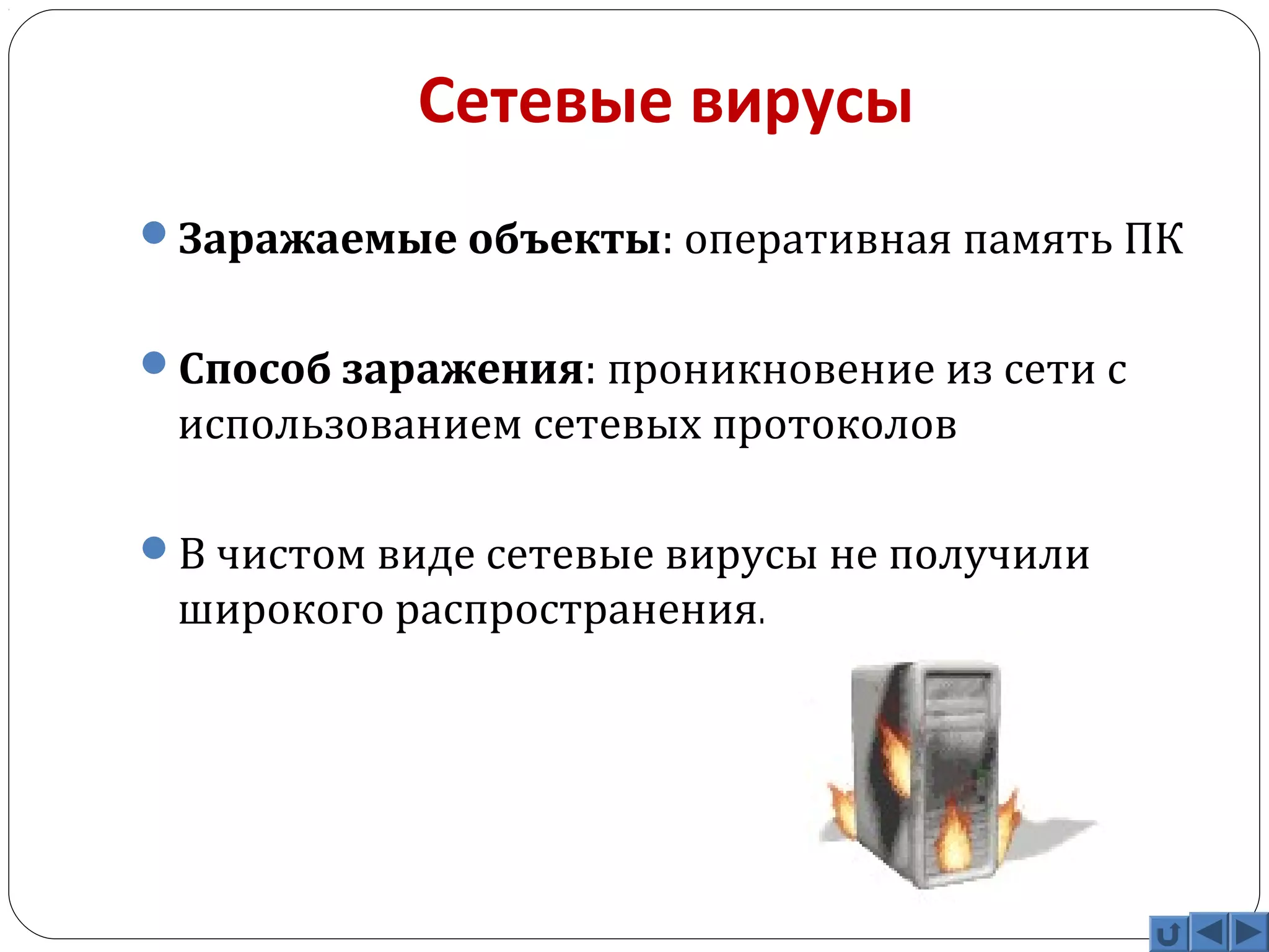 Сетевые вирусы 
Заражаемые объекты: оперативная память ПК 
Способ заражения: проникновение из сети с 
использованием сетевых протоколов 
В чистом виде сетевые вирусы не получили 
широкого распространения. 
 