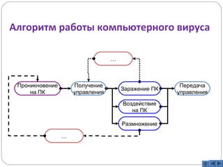 Алгоритм работы компьютерного вируса 
Получение 
управления 
Воздействие 
на ПК 
Размножение 
Проникновение 
на ПК 
… 
Передача 
Заражение ПК управления 
… 
 