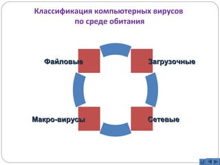 Классификация компьютерных вирусов 
по среде обитания 
ЗЗааггррууззооччнныыее 
ФФааййллооввыыее 
ММааккрроо--ввииррууссыы ССееттееввыыее 
 