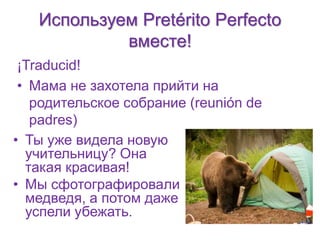 Используем Pretérito Perfecto 
вместе! 
¡Traducid! 
• Мама не захотела прийти на 
родительское собрание (reunión de 
padres) 
• Ты уже видела новую 
учительницу? Она 
такая красивая! 
• Мы сфотографировали 
медведя, а потом даже 
успели убежать. 
 
