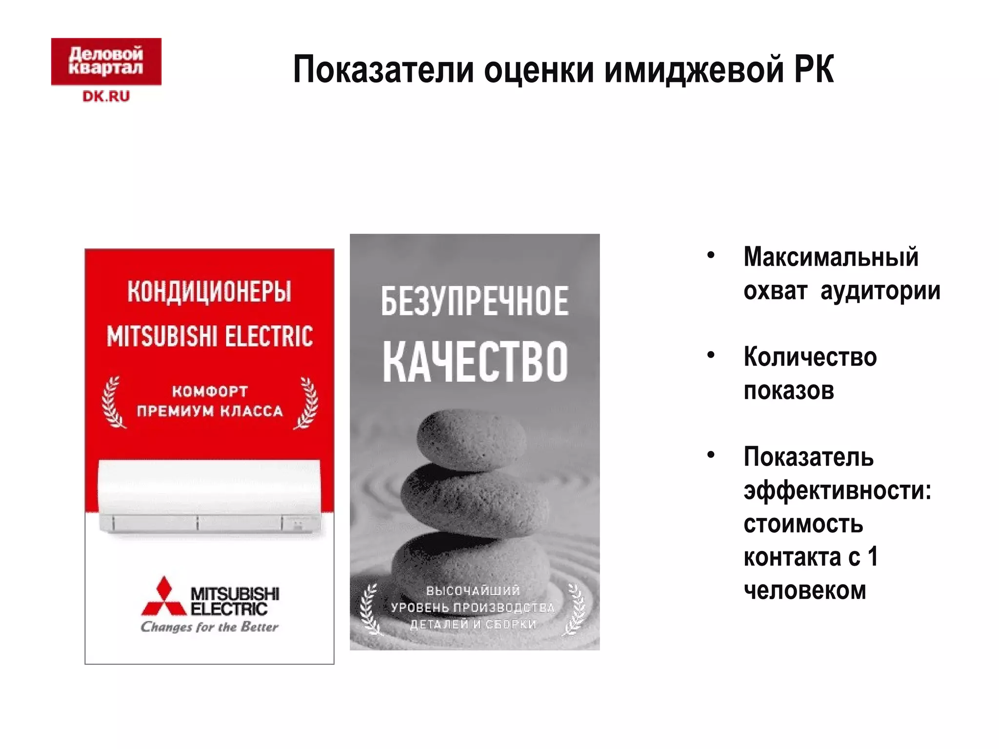 Показатели оценки имиджевой РК 
• Максимальный 
охват аудитории 
• Количество 
показов 
• Показатель 
эффективности: 
стоимость 
контакта с 1 
человеком 
 