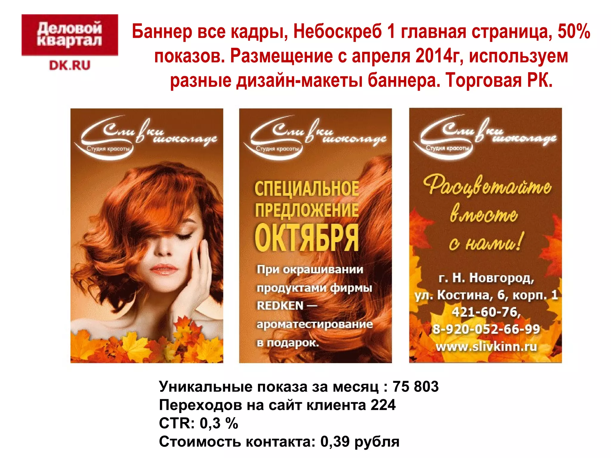 Баннер все кадры, Небоскреб 1 главная страница, 50% 
показов. Размещение с апреля 2014г, используем 
разные дизайн-макеты баннера. Торговая РК. 
Уникальные показа за месяц : 75 803 
Переходов на сайт клиента 224 
CTR: 0,3 % 
Стоимость контакта: 0,39 рубля 
 