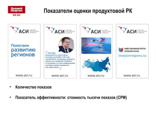 Показатели оценки продуктовой РК 
• Количество показов 
• Показатель эффективности: стоимость тысячи показов (CPM) 
 
