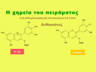 Η χημεία του πειράματος 
2-(3,4-Dihydroxyphenyl) chromenylium-3,5,7-triol 
Ανθοκυάνες 
Σε οξύ Σε βάση 
 