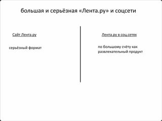 большая и серьёзная «Лента.ру» и соцсети 
Сайт Лента.ру 
Лента.рув соц.сетях 
по большому счёту как 
развлекательный продукт 
серьёзный формат  