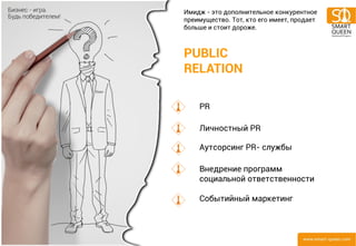 PUBLIC RELATION 
PR Личностный PR Аутсорсинг PR- службы Внедрение программ социальной ответственности Событийный маркетинг 
Имидж - это дополнительное конкурентное 
преимущество. Тот, кто его имеет, продает больше и стоит дороже.  