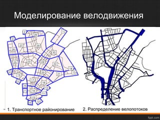 Моделирование велодвижения 
2. Распределение 1. Транспортное районирование велопотоков 
 