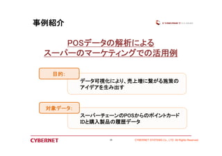 データ可視化により、売上増に繋がる施策の 
アイデアを生み出す 
CYBERNET SYSTEMS Co., LTD All Rights Reserved 
事例紹介 
POSデータの解析による 
スーパーのマーケティングでの活用例 
スーパーチェーンのPOSからのポイントカード 
IDと購入製品の履歴データ 
目的： 
対象データ： 
10 
 