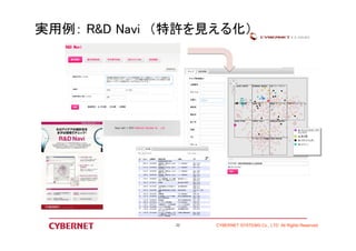 実用例： R&D Navi （特許を見える化） 
CYBERNET SYSTEMS 22 Co., LTD All Rights Reserved 
 