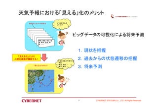 天気予報における「見える」化のメリット 
CYBERNET SYSTEMS 7 Co., LTD All Rights Reserved 
現状のビッグデータの状況 
・ 
「見える」化できれば！ 
今後の天気が予想できる！ 
・天気 
・気温、雨量、・・ 
・風力、風向、・・ 
マップ化 
（見える化） 
「見える化」により 
人間の直感が機能する！ 
・ 
緯度、軽度、気圧、風 
速、風向、温度、雨 
量、・・・・ 
どう分析すれば 
いいの？ 
ビッグデータの可視化による将来予測 
１．現状を把握 
２．過去からの状態遷移の把握 
３．将来予測 
 